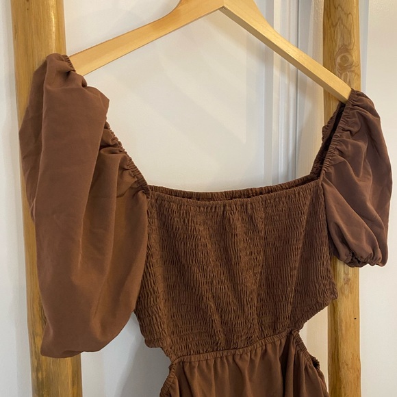 Missguided Smocked Cut Out Baby Doll Mini Dress Chocolate Brown Sz 8 - Picture 9 of 10